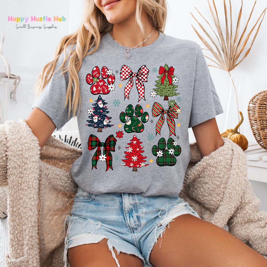 Festive Paw Prints & Bows DTF Transfer