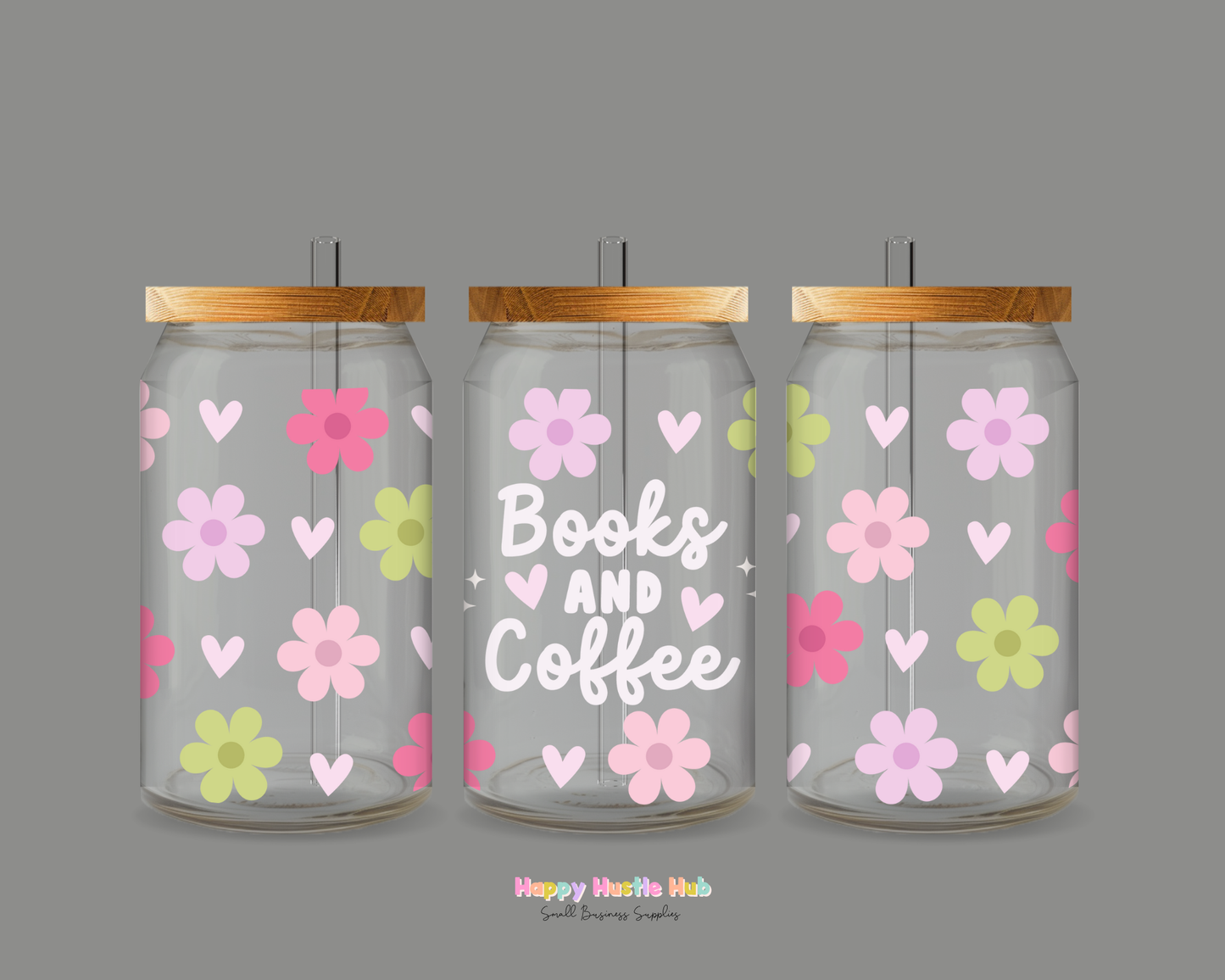 Books and Coffee UV DTF Cup Wrap (Flowers)
