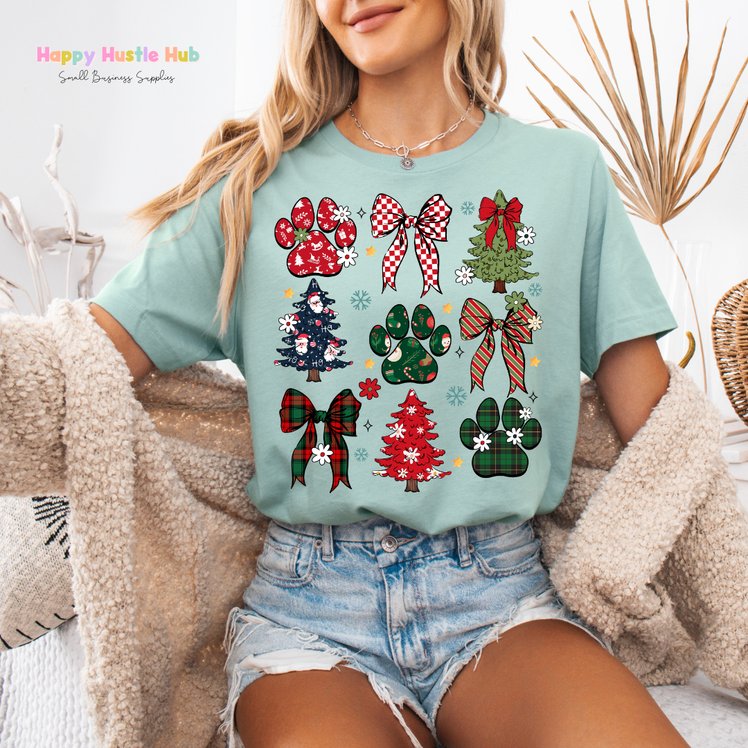 Festive Paw Prints & Bows DTF Transfer