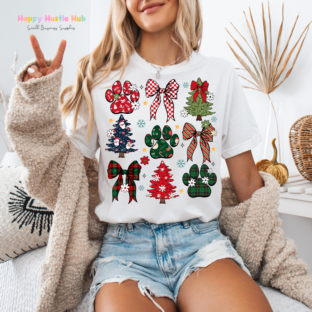 Festive Paw Prints & Bows DTF Transfer