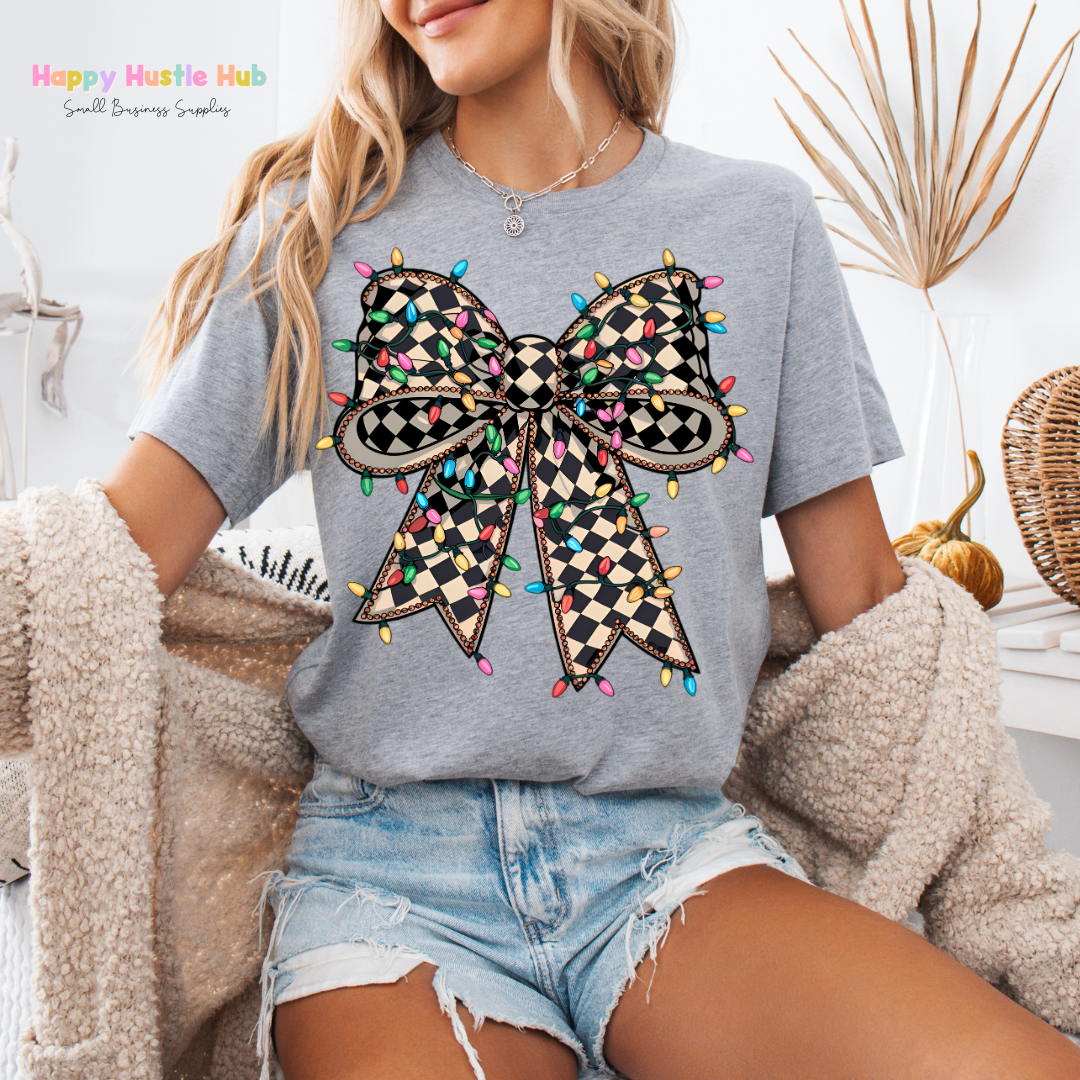 Checkered Christmas Light Bow DTF Transfer