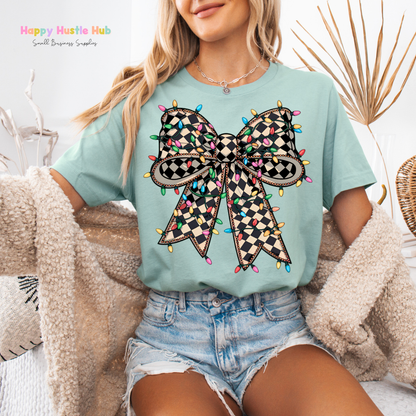 Checkered Christmas Light Bow DTF Transfer