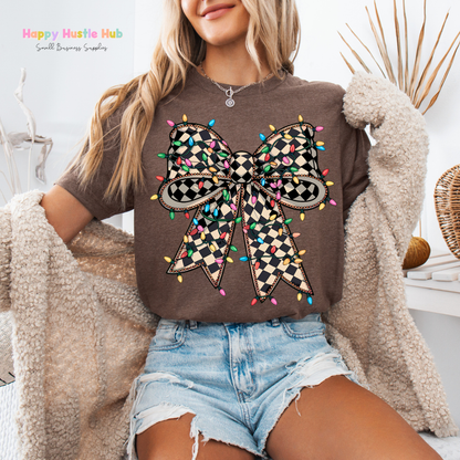 Checkered Christmas Light Bow DTF Transfer