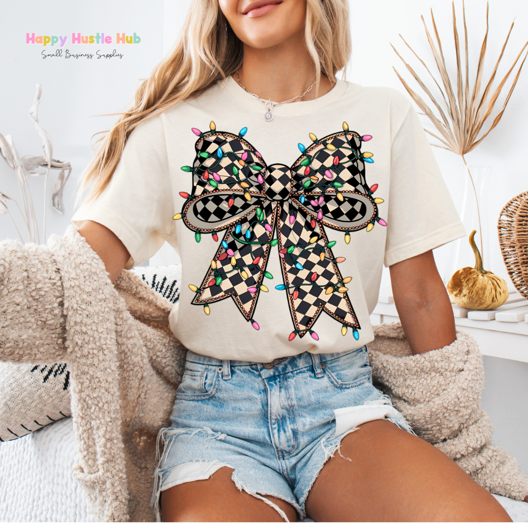 Checkered Christmas Light Bow DTF Transfer
