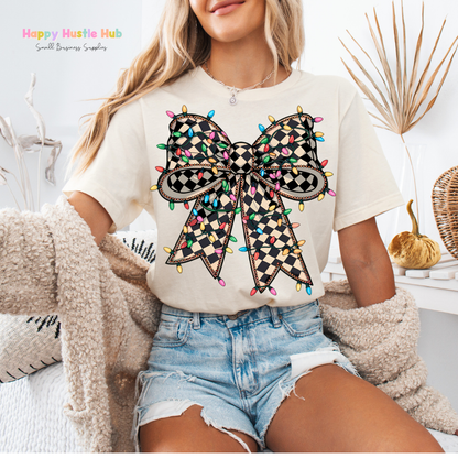 Checkered Christmas Light Bow DTF Transfer