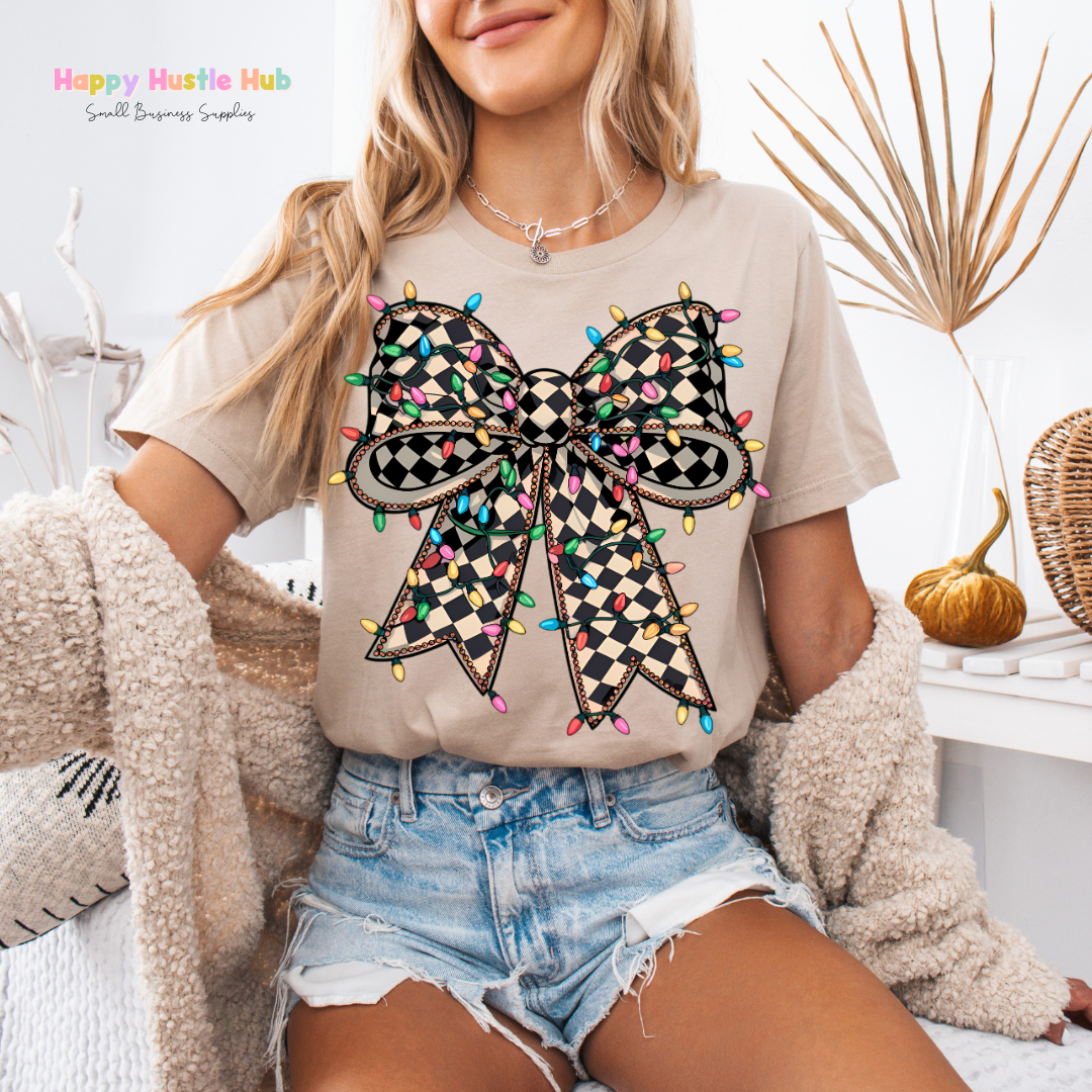 Checkered Christmas Light Bow DTF Transfer