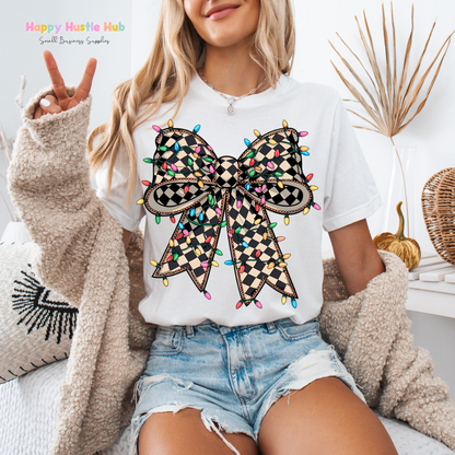 Checkered Christmas Light Bow DTF Transfer