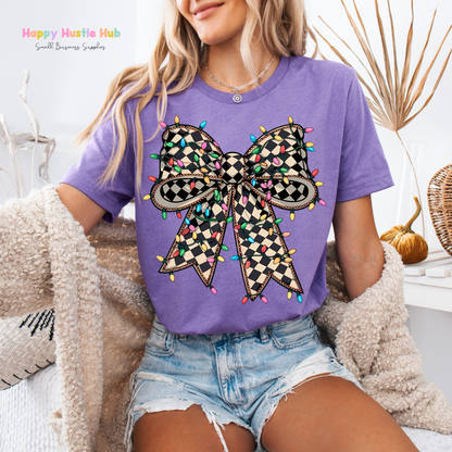 Checkered Christmas Light Bow DTF Transfer