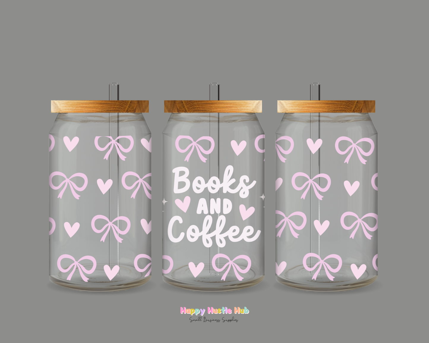 Books and Coffee UV DTF Cup Wrap (Pink Bows)