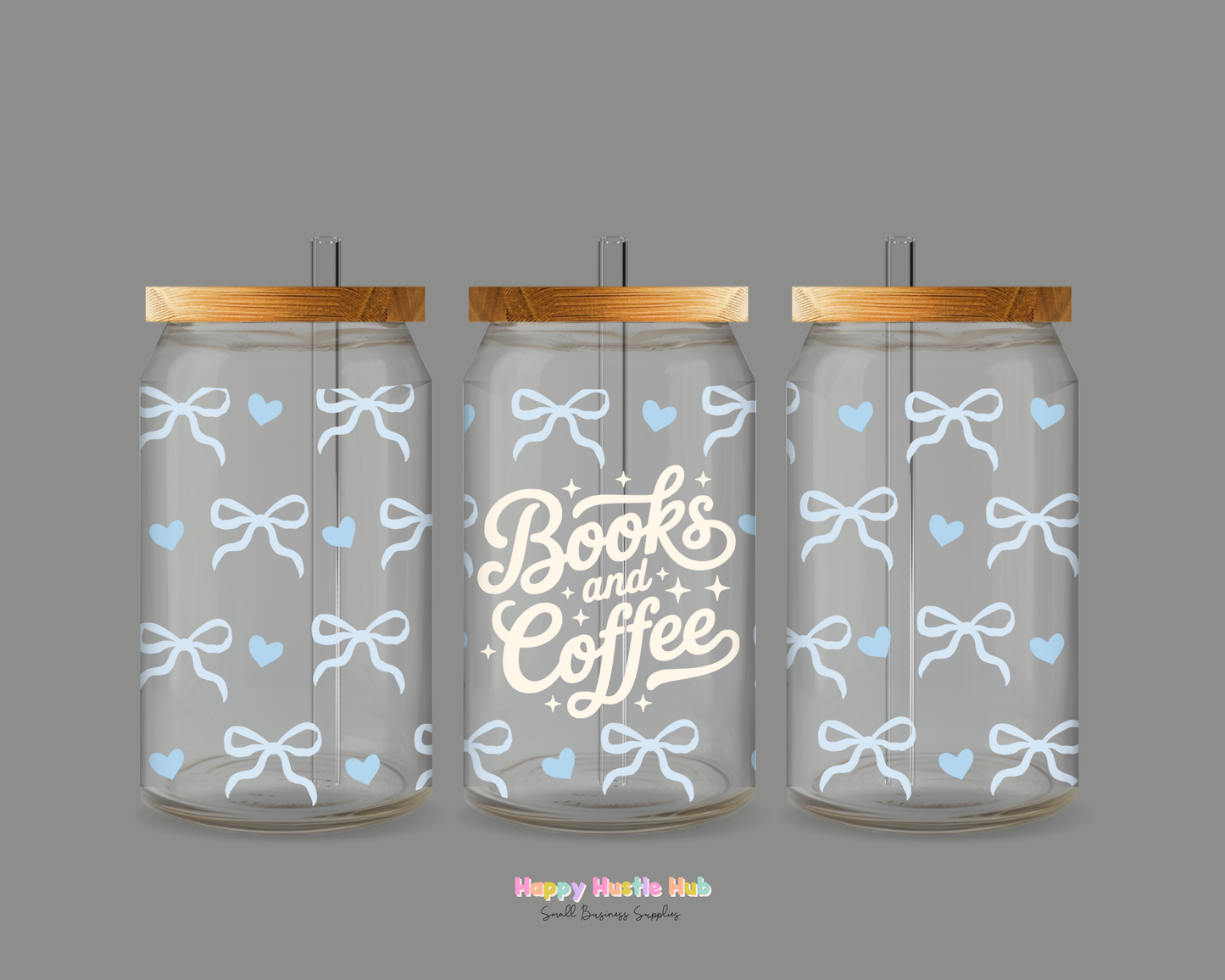 Books and Coffee UV DTF Cup Wrap (Blue Bows)