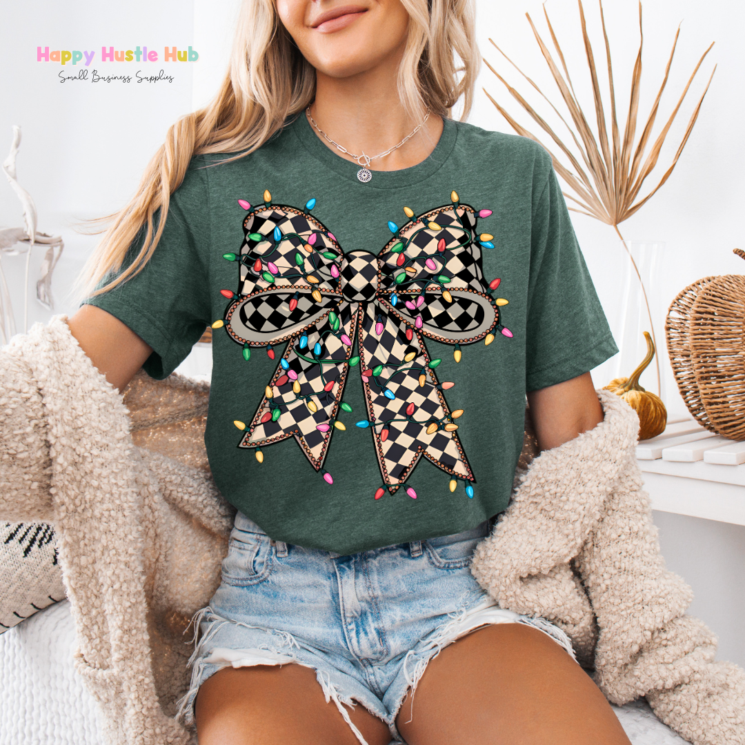 Checkered Christmas Light Bow DTF Transfer